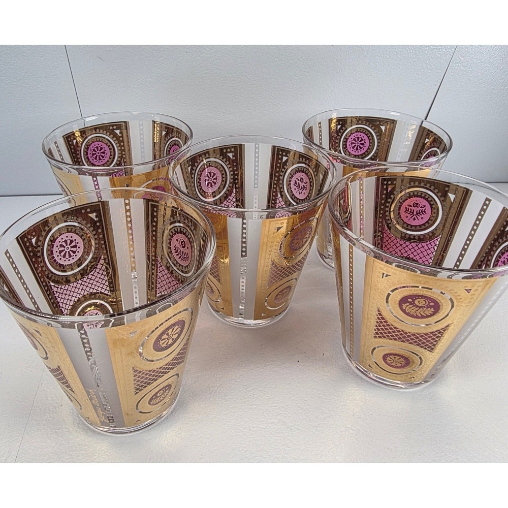 5‎ VTG Georges Briard Signed RARE Amethyst Gold Rocks Glasses MCM Barware 22K
